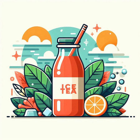 Vector illustration of a bottle of orange smoothie on the background of summer landscape.のイラスト素材