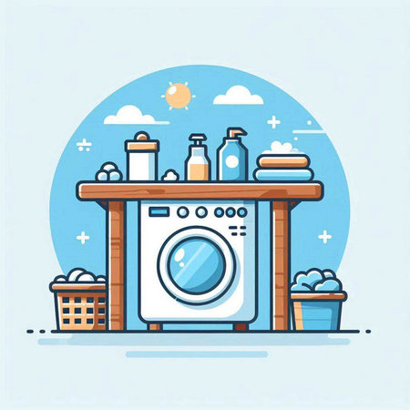 Laundry room flat vector illustration. Washing machine with detergents, cleaning products and cleaning tools.のイラスト素材