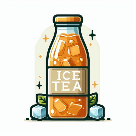 Illustration of a bottle of ice tea with ice cubes on a white backgroundのイラスト素材
