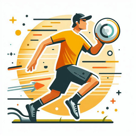 Vector illustration of a tennis player running with a ball in his handのイラスト素材