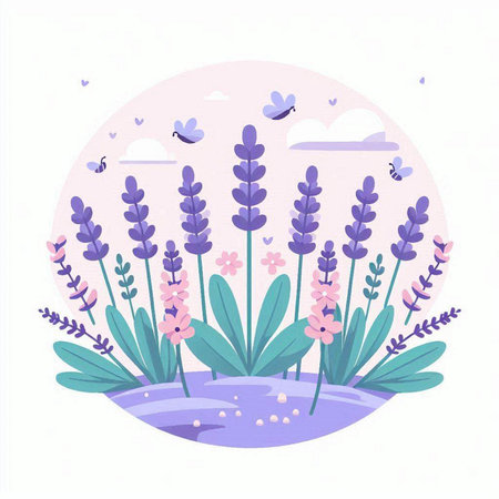 Lavender flowers. Vector illustration in flat cartoon style. Floral background.のイラスト素材