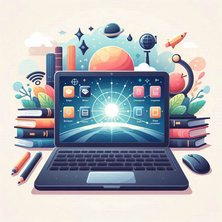 Vector illustration of modern education concept with laptop, books, rocket, computer mouse, globe and other elements.のイラスト素材