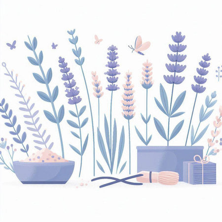 Gift boxes and lavender flowers on white background. Vector illustration.のイラスト素材