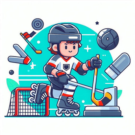 Hockey player vector illustration. Cartoon hockey player in helmet and gloves playing hockey.のイラスト素材