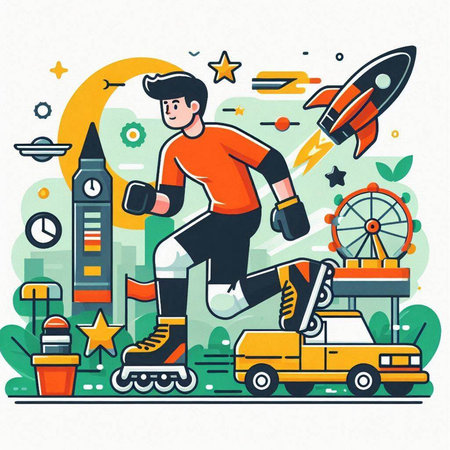 Vector illustration of a man on roller skates in the amusement park. Flat line art style design for web, site, advertising, banner, poster, board and print.のイラスト素材