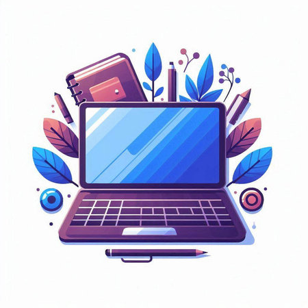 Laptop with stationery, notebook, pencils and leaves. Vector illustration.のイラスト素材
