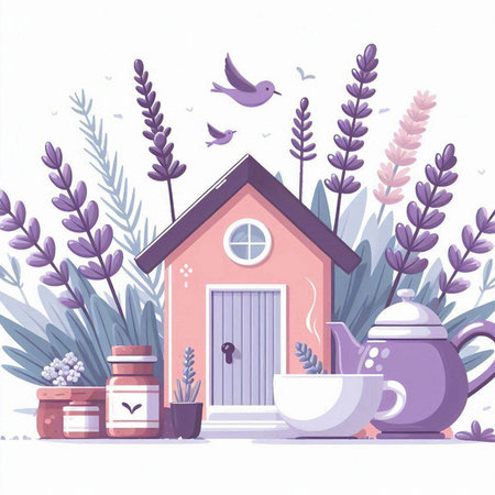 Vector illustration of a lavender house with a cup of tea and a teapotのイラスト素材