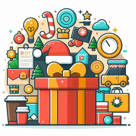 Little boy with christmas presents. Cute cartoon character. Vector illustrationのイラスト素材