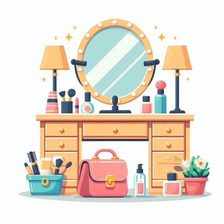 Makeup room interior with mirror, handbag, cosmetics and other items. Vector illustrationのイラスト素材