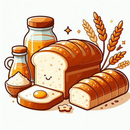 Illustration of a loaf of bread with wheat ears and milk bottlesのイラスト素材