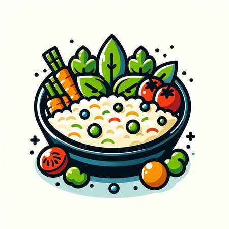 Rice porridge with vegetables in a bowl. Vector illustration.のイラスト素材
