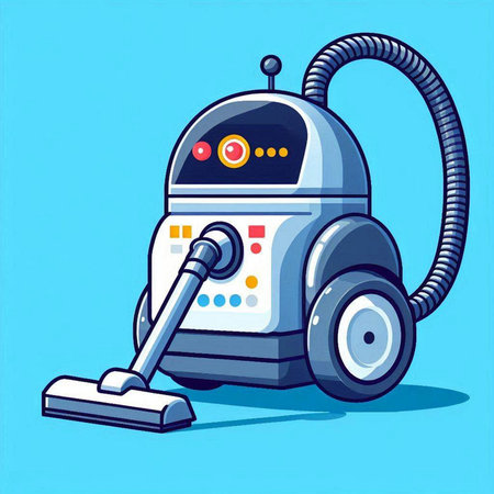 Vacuum cleaner on blue background. Vector illustration of a cartoon robot.のイラスト素材
