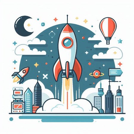 Space rocket launch. Start up business concept. Vector illustration in flat styleのイラスト素材