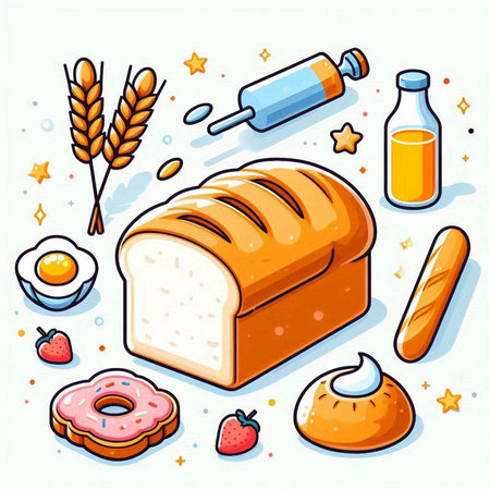 Bread and bakery icons set. Vector illustration in cartoon style.のイラスト素材