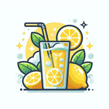 Lemonade in glass with straw and slice of lemon. Vector illustration.のイラスト素材