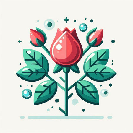 Flat design vector illustration concept of rose flower with green leaves and water drops.のイラスト素材