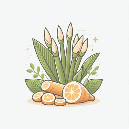Vector illustration of ginger, lemons and green leaves on white background.のイラスト素材