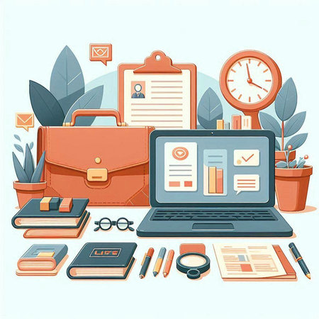 Workplace with laptop, books and stationery. Vector illustration.のイラスト素材