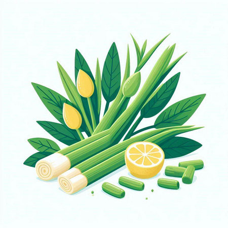 Lemongrass and lemons on white background. Vector illustration.のイラスト素材
