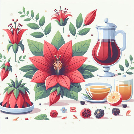 Flower tea set with red poinsettia. Vector illustrationのイラスト素材
