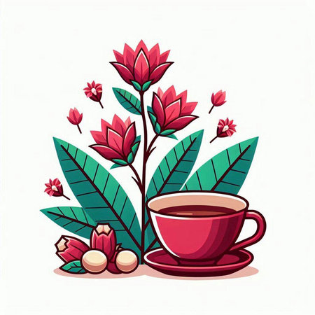 Cup of tea with flowers and leaves on white background. Vector illustration.のイラスト素材