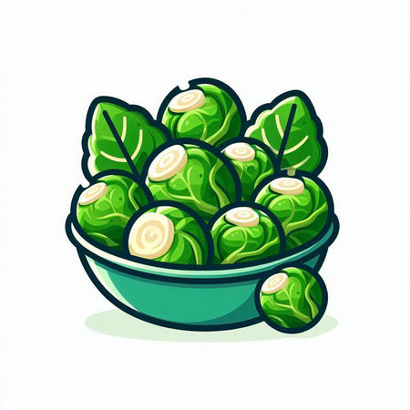 Brussels sprouts in bowl isolated on white background. Vector illustration.のイラスト素材