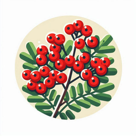 Set of vector illustrations of rowan berries in a wooden bowl.のイラスト素材