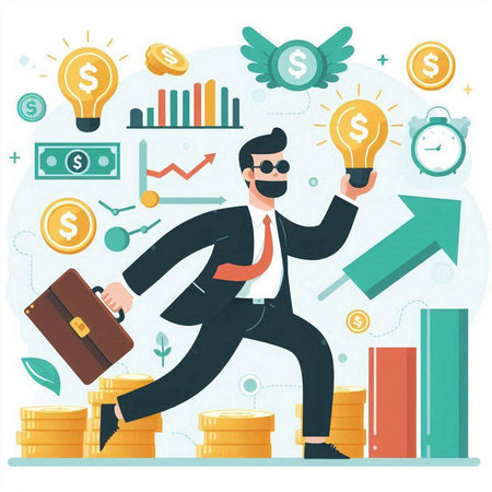 Businessman with a briefcase running on a business graph. Vector illustrationのイラスト素材
