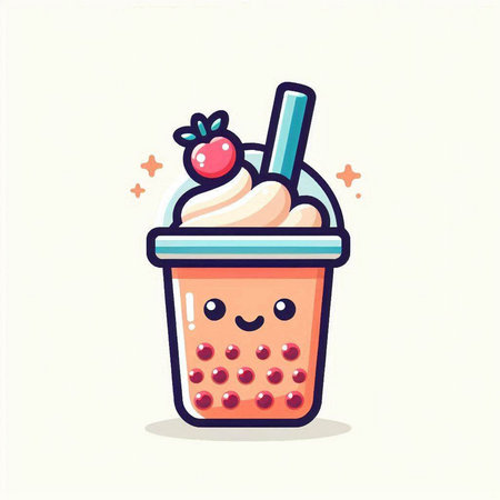 Cute Kawaii Milkshake with Whipped Cream and Berries. Vector Illustrationのイラスト素材