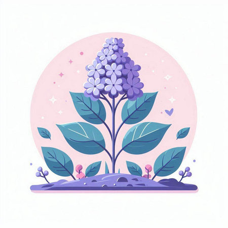 Vector illustration of a purple hydrangea in a round frame.のイラスト素材