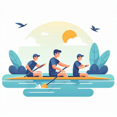 Group of men rowing on the river. Flat style vector illustration.のイラスト素材