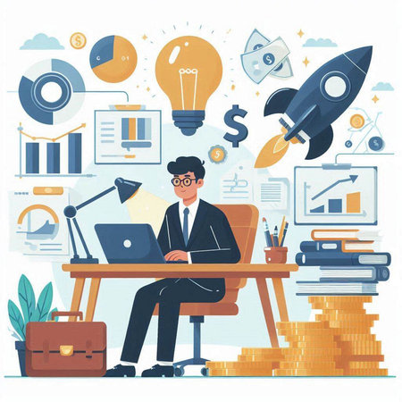 Businessman sitting at desk and working on laptop. Flat vector illustration.のイラスト素材