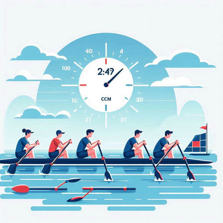 Rowing time vector illustration. Men rowing on the river.のイラスト素材