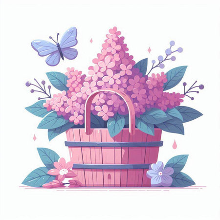 Basket with pink hydrangea flowers. Vector illustration.のイラスト素材
