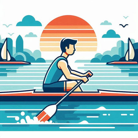 Rowing on the sea. Vector illustration in flat cartoon style.のイラスト素材