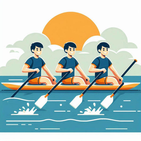 Group of young men rowing on the river. Vector illustration.のイラスト素材