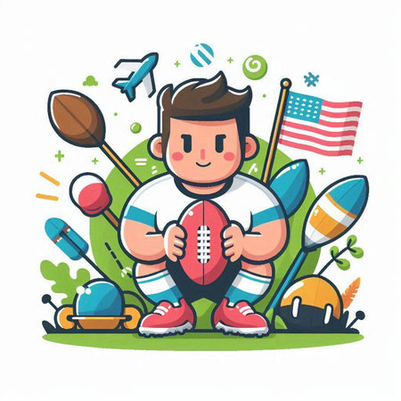 American football player with rugby ball and equipment. Vector illustration in cartoon style.のイラスト素材