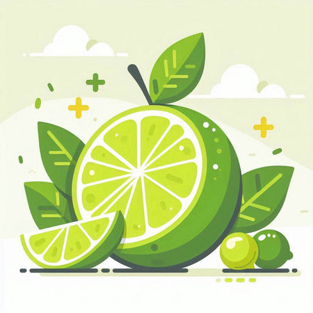 Vector illustration of lime on green background. Flat style. Juicy fruit.のイラスト素材