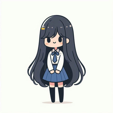 Cute schoolgirl with long black hair in uniform. Vector illustration.のイラスト素材