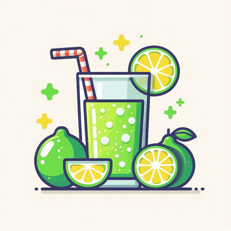 Cocktail with lime, lemon and straw. Vector illustration.のイラスト素材