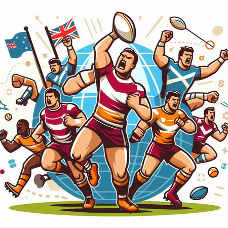 Rugby players with rugby ball and flags. Vector illustration.のイラスト素材