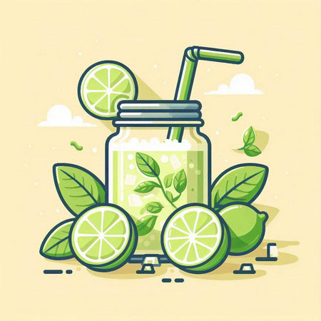 Lime smoothie with lime slices and mint leaves. Vector illustration.のイラスト素材