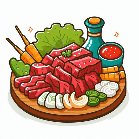 Illustration of Sliced Beef Sashimi Served on Wooden Platterのイラスト素材