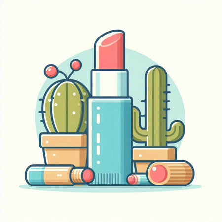 Lipstick and cactus. Vector illustration in flat style.のイラスト素材