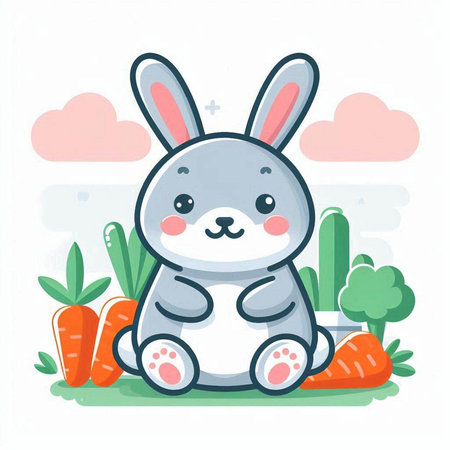 Cute rabbit sitting on the grass with carrots. Vector illustration.のイラスト素材