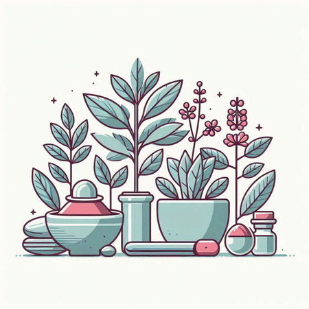 Vector illustration of a spa set with plants in pots and jars.のイラスト素材