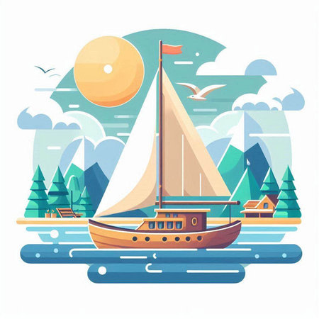 Sailing boat in the sea. Vector illustration in flat style.のイラスト素材
