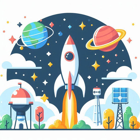 Rocket launch into space. Vector illustration in flat cartoon style on white background.のイラスト素材