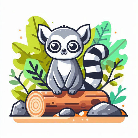 Cute cartoon lemur sitting on the log. Vector illustration.のイラスト素材