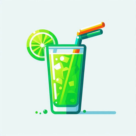 Cocktail with lime and straw. Vector illustration in flat styleのイラスト素材